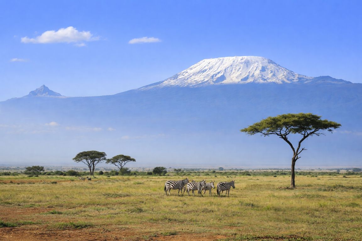 Zebra grazing on open grassland with the snow-capped summit of Kilimanjaro rising behind
