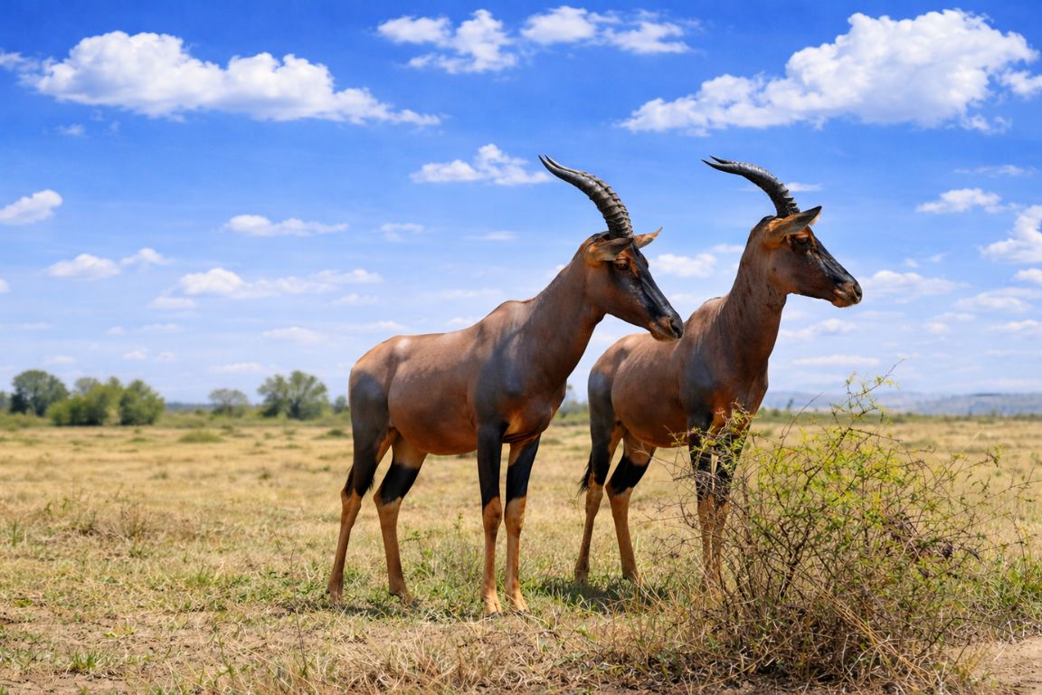 Two topi standing alert on open grassland under a bright blue sky in the Maasai Mara