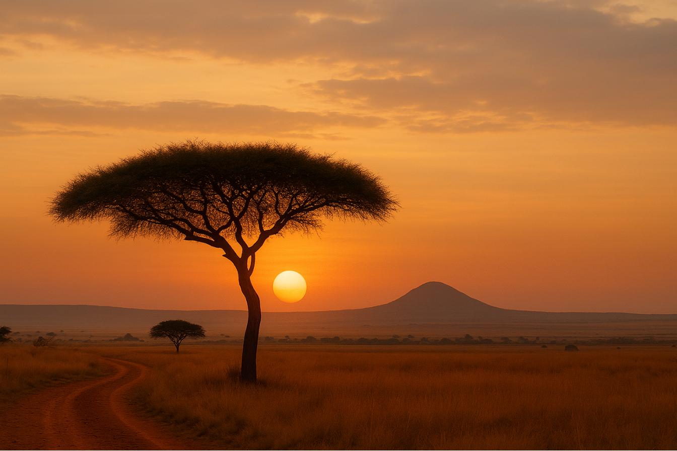 A lone acacia silhouetted against an orange sunrise over the Maasai Mara plains
