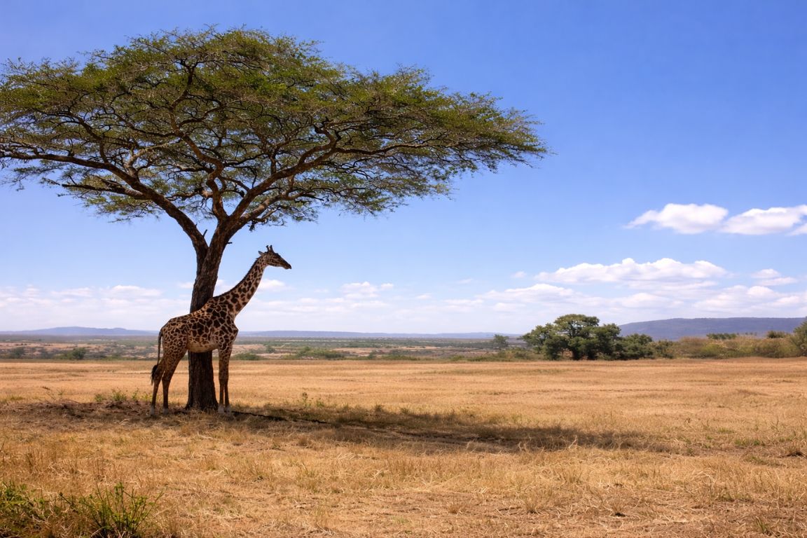 A giraffe standing in the shade of a flat-topped acacia on the open plains of the Maasai Mara