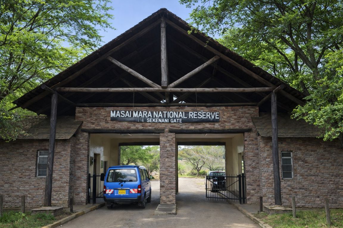 Vehicles passing under the stone and timber arch of Sekenani Gate at the Maasai Mara National Reserve