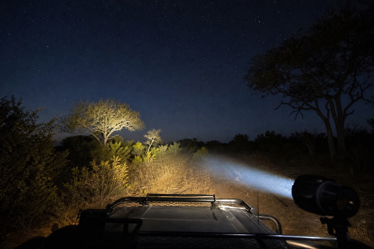 A night game drive on a private conservancy