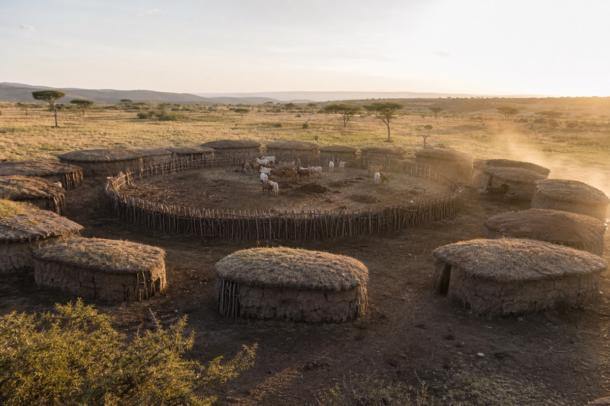 A traditional Maasai manyatta homestead of thatched huts on open grassland near the Maasai Mara National Reserve