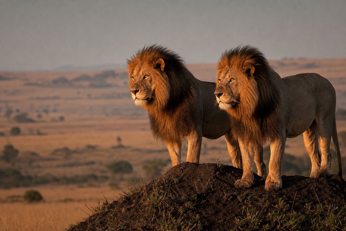 A coalition of male lions surveying their territory