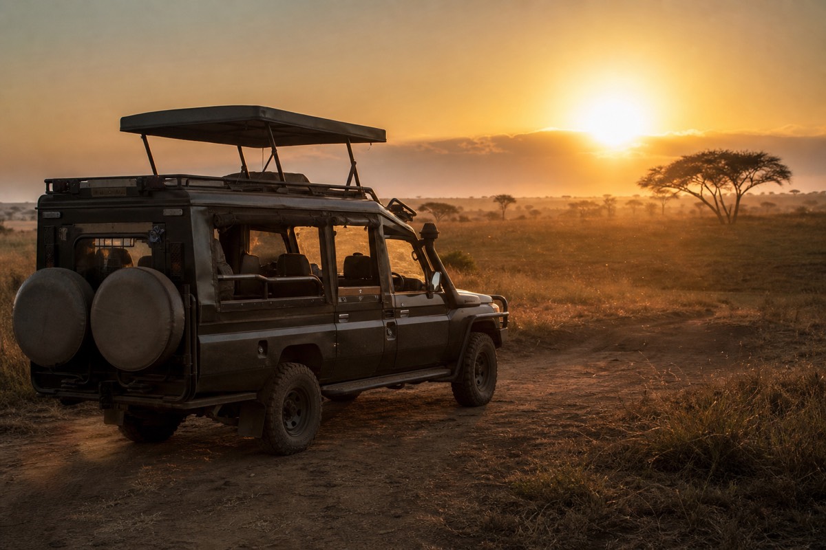 An open-roof safari vehicle waiting on a dirt track at first light in the Maasai Mara
