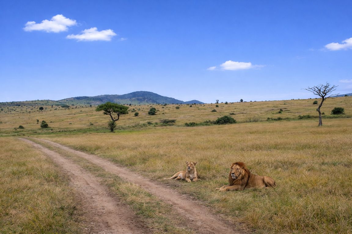 Wild lions seen along safari road in Mara North Conservancy during Maasai Mara Safari Tours in Kenya