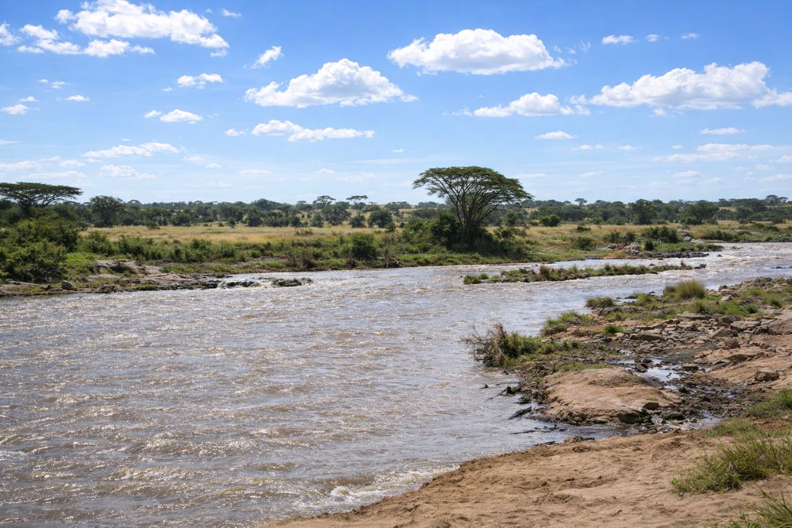 Wild Mara River with acacia trees and savanna plains photographed during Maasai Mara Safari Tours