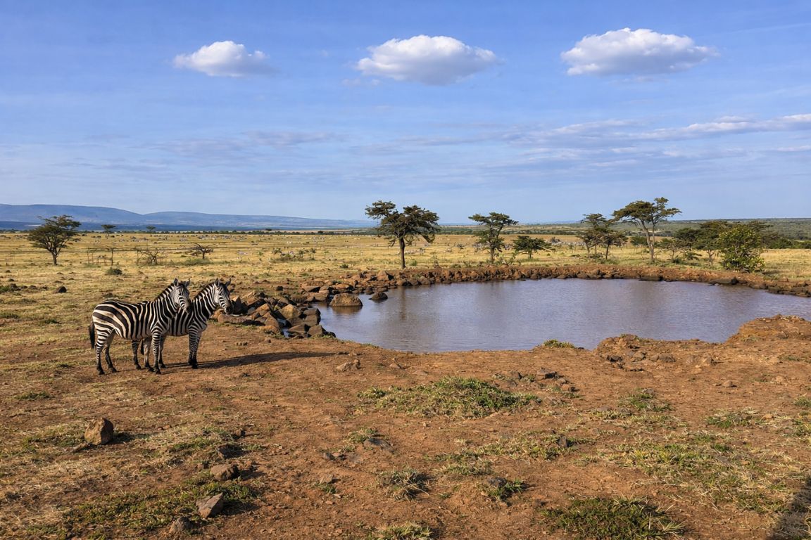 Zebras standing beside a waterhole in Naboisho Conservancy during Maasai Mara Safari Tours safari