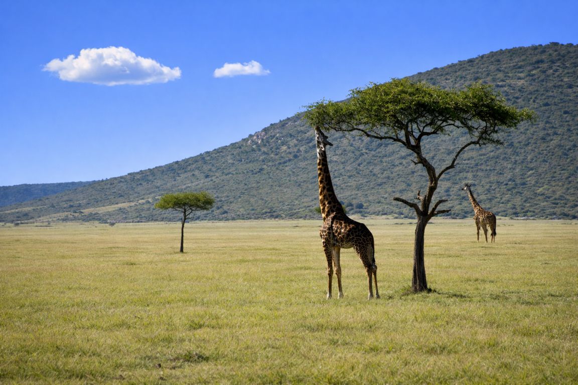 African giraffe in open grasslands of Olchoro Oirouwa Conservancy captured during Maasai Mara Safari Tours