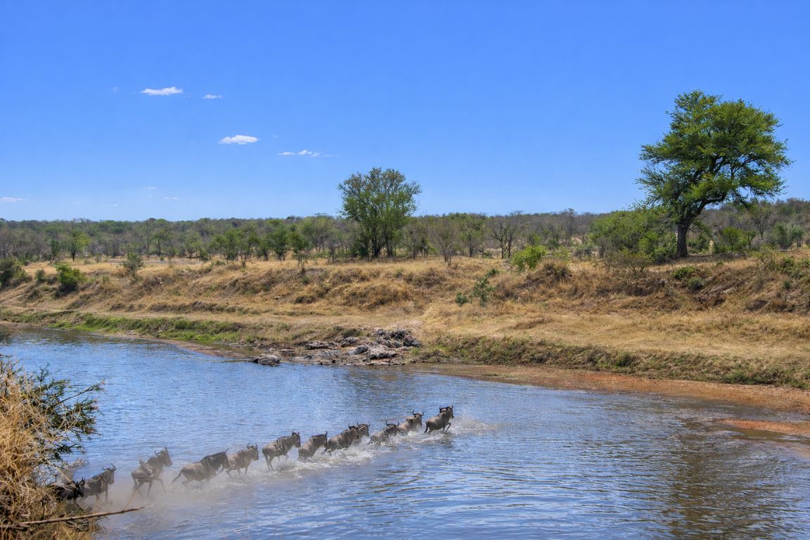 Wildebeest herd crossing Mara River during Great Migration witnessed on Maasai Mara Safari Tours